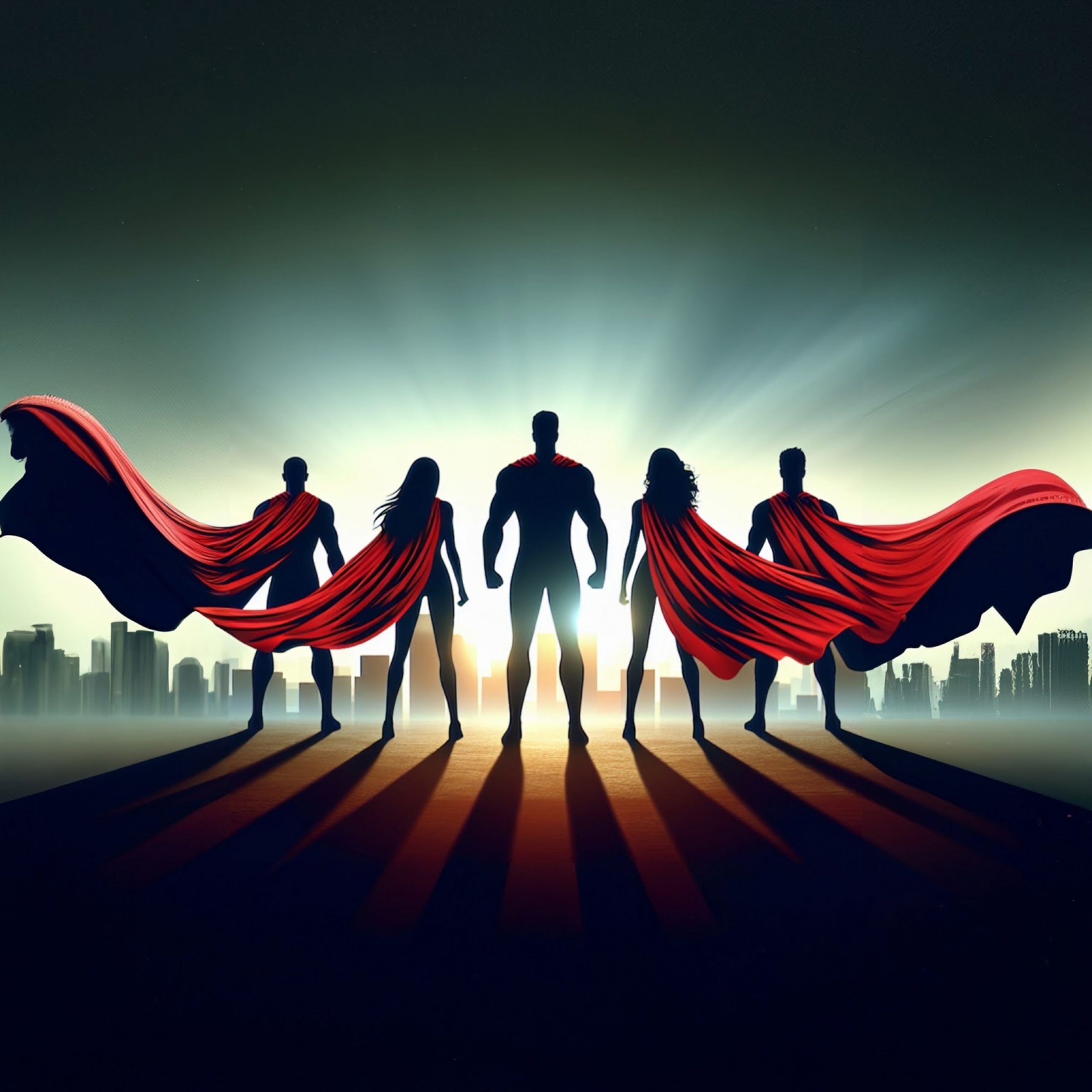 Back,View,Of,5,Male,And,Female,Superheroes,With,Red